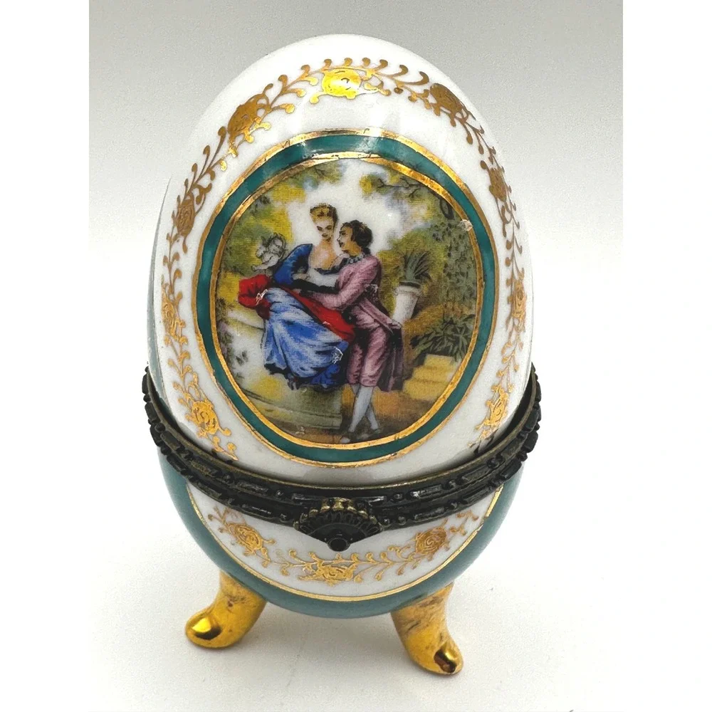 Vintage Vecceli‎ Style Porcelain Egg Trinket Box Green Gold 5inch Limoges